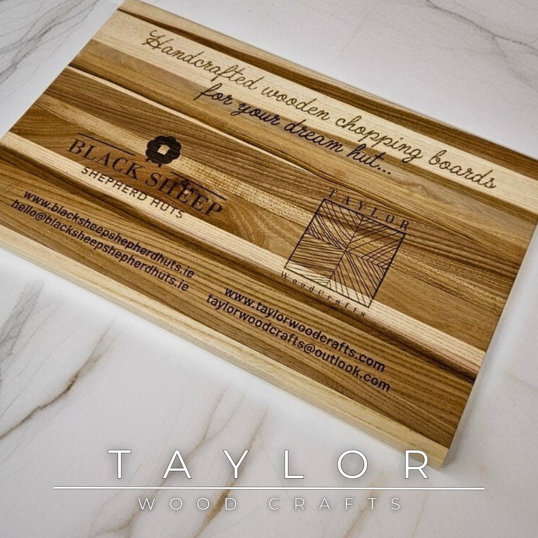Collaboration laser engraving Taylor Wood Crafts – Custom elm wood chopping board featuring dual logos and contact details