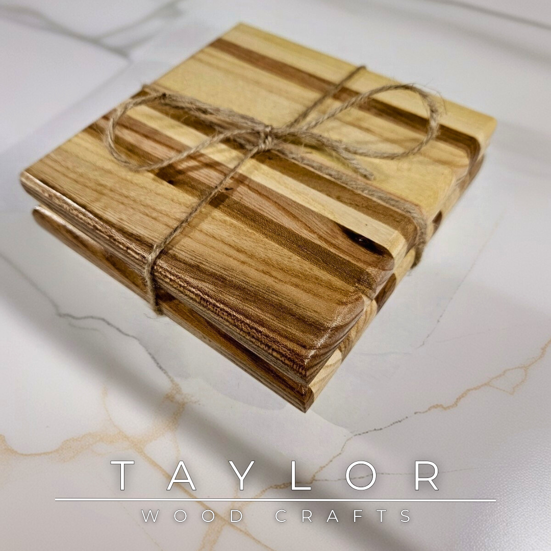 Handcrafted elm wood coasters set of 2, featuring rich grain patterns and a generous size—ideal for larger mugs and glasses.