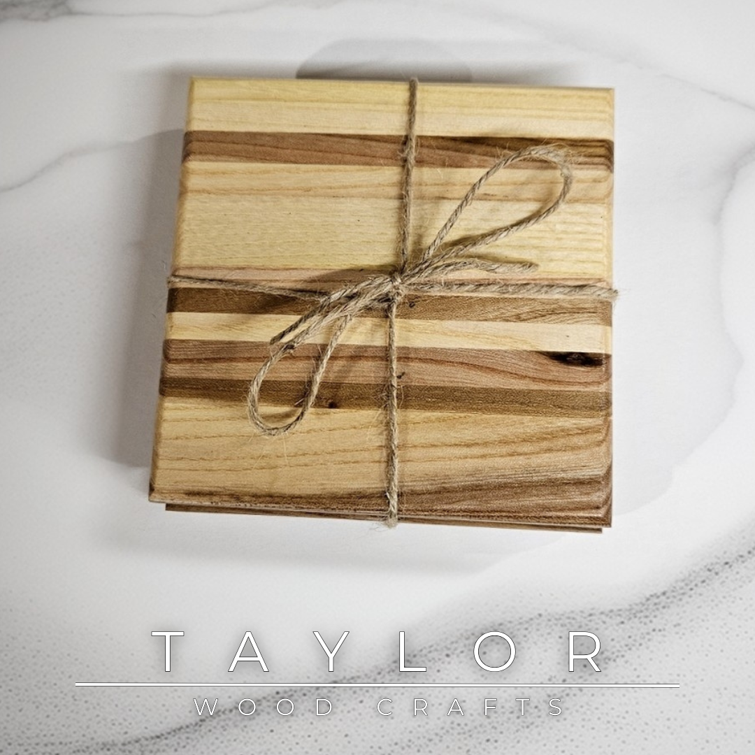 Handcrafted elm wood coasters set of 2, featuring rich grain patterns and a generous size—ideal for larger mugs and glasses.