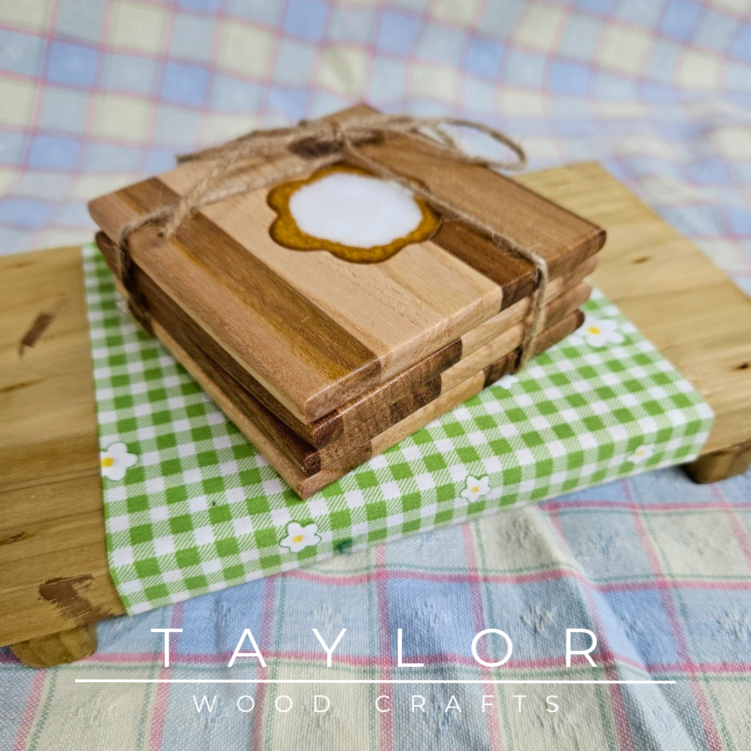 Handcrafted elm wood coasters with vibrant epoxy resin inserts, combining durability, style, and a pop of color to protect your surfaces.