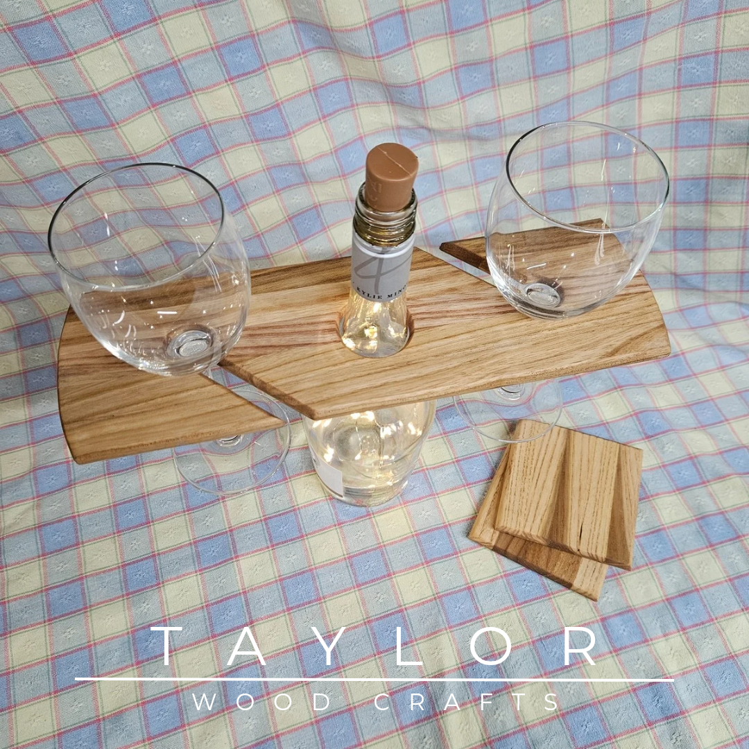 Handcrafted elm wood wine caddy, carrying one bottle and two glasses, with two matching coasters, available in four unique tinted versions.