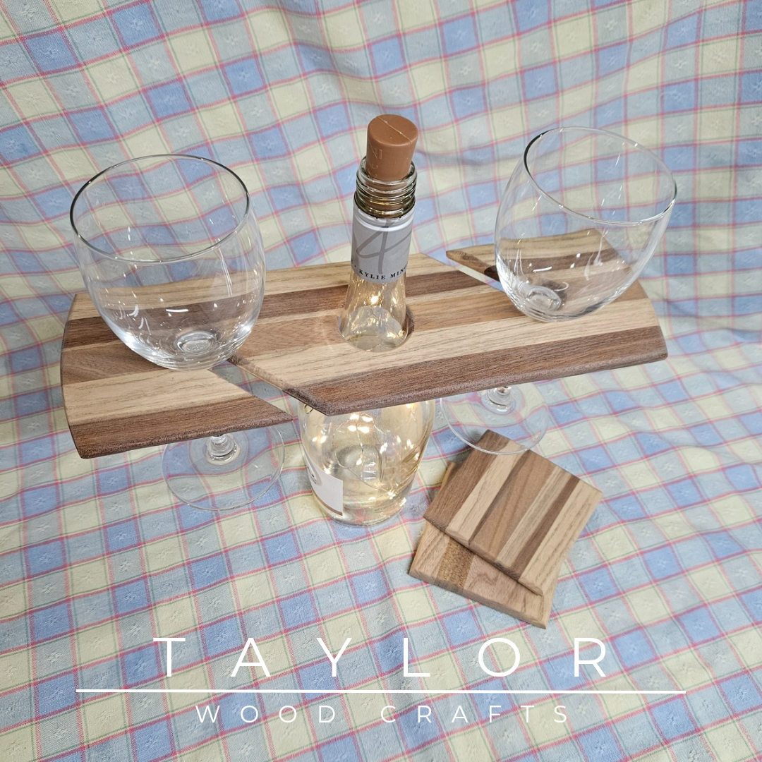 Handcrafted elm wood wine caddy, carrying one bottle and two glasses, with two matching coasters, available in four unique tinted versions.