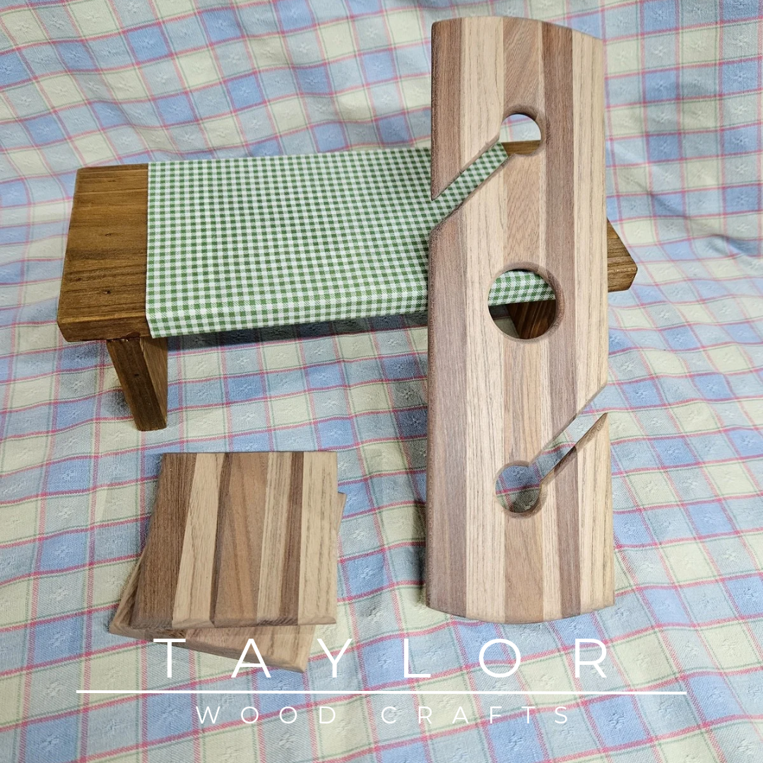 Handcrafted elm wood wine caddy, carrying one bottle and two glasses, with two matching coasters, available in four unique tinted versions.