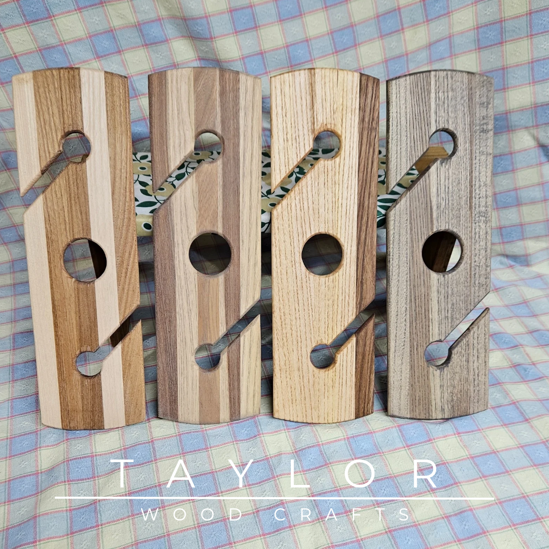 Handcrafted elm wood wine caddy, carrying one bottle and two glasses, with two matching coasters, available in four unique tinted versions.