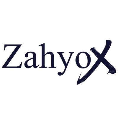 The logo for Zahyox, featuring the brand name in dark navy blue text with a stylized brush-stroke 'X' on a plain white background.