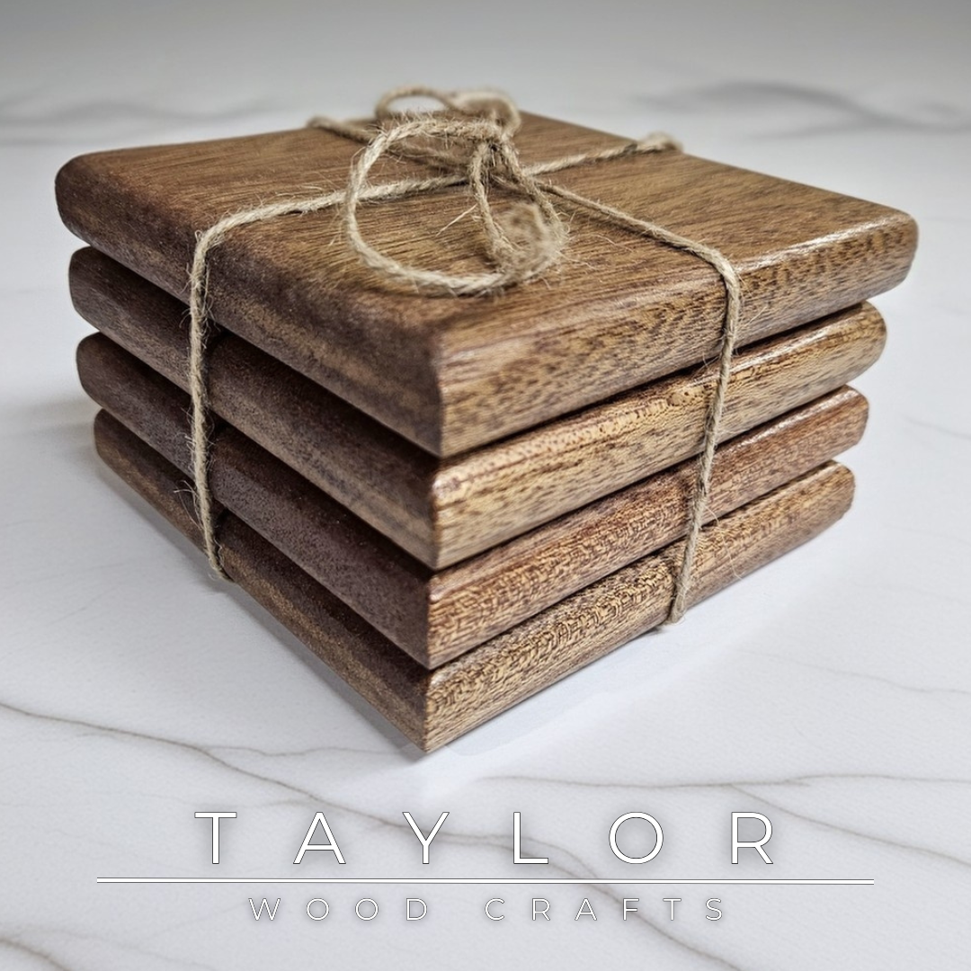 Mahogany Coaster Set Taylor Wood Crafts – extra‑large set of 4, durable water‑resistant wood with rich grain, perfect for large drinks