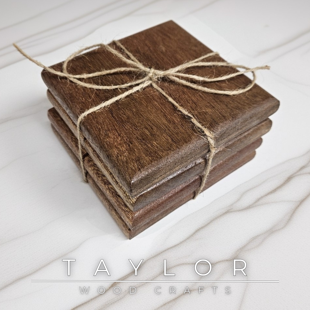 Mahogany Coaster Set Taylor Wood Crafts – extra‑large set of 4, durable water‑resistant wood with rich grain, perfect for large drinks