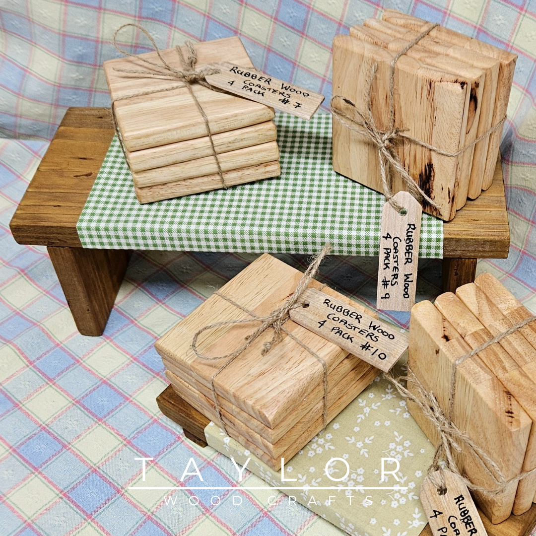 Handmade rubber wood coasters, crafted for durability and style to protect your surfaces and elevate your home decor.