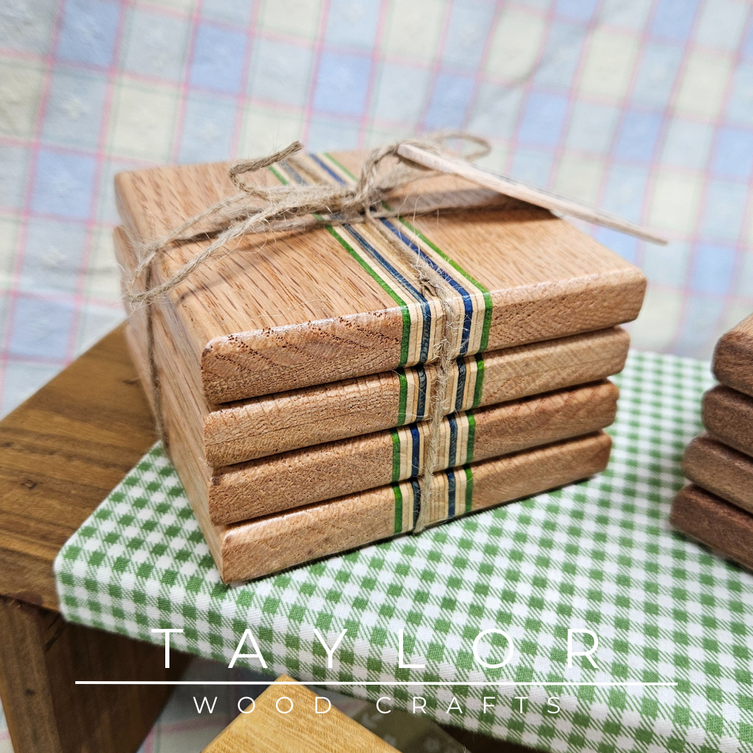 Handcrafted four coaster pack made with skateboard wood for unique linear colored pattern, offering durability and style to protect your surfaces.