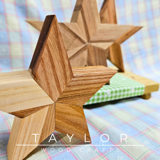 Handcrafted standing stars made from elm wood, adding a rustic and elegant touch to your holiday decor.