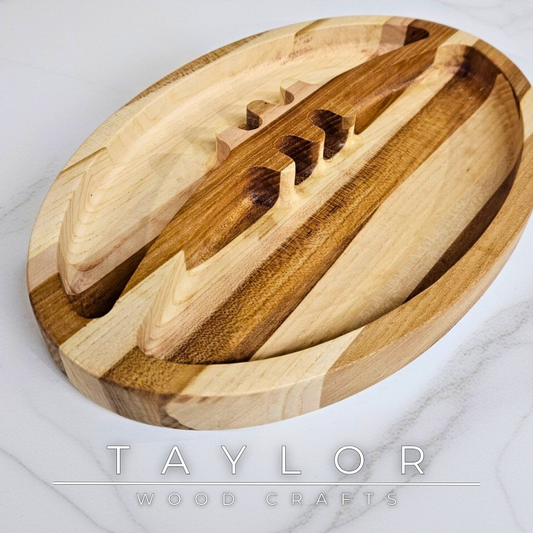 Discover our handcrafted wooden serving dish shaped like a rugby ball, blending natural wood beauty with a playful design. Perfect for serving snacks, displaying decor, or as a thoughtful gift for rugby enthusiasts.