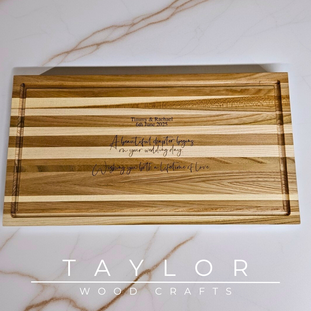 Chopping Board Taylor Wood Crafts – large elm board with juice groove & rubber feet, personalized laser‑engraved message