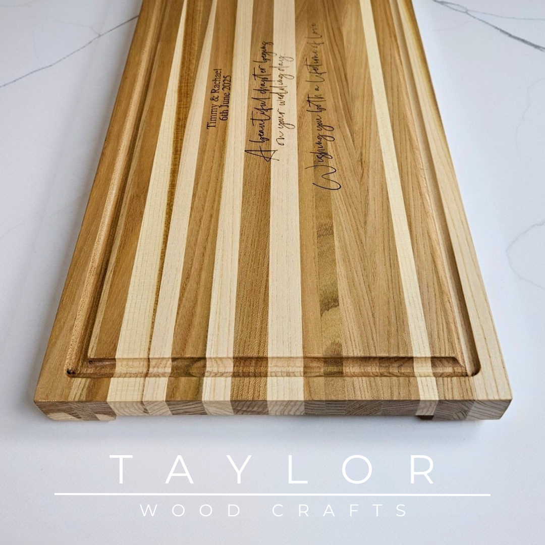 Chopping Board Taylor Wood Crafts – large elm board with juice groove & rubber feet, personalized laser‑engraved message