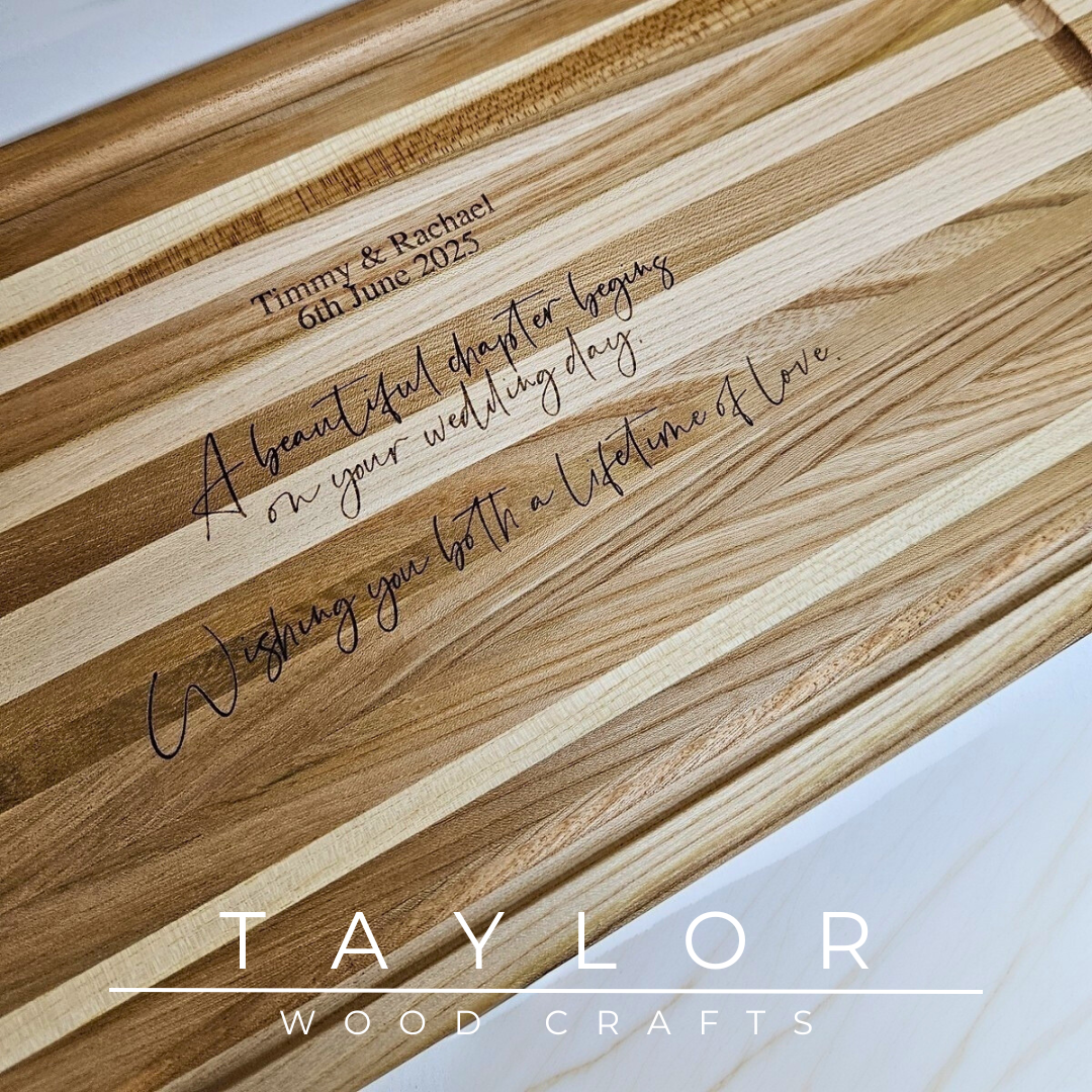 Chopping Board Taylor Wood Crafts – large elm board with juice groove & rubber feet, personalized laser‑engraved message
