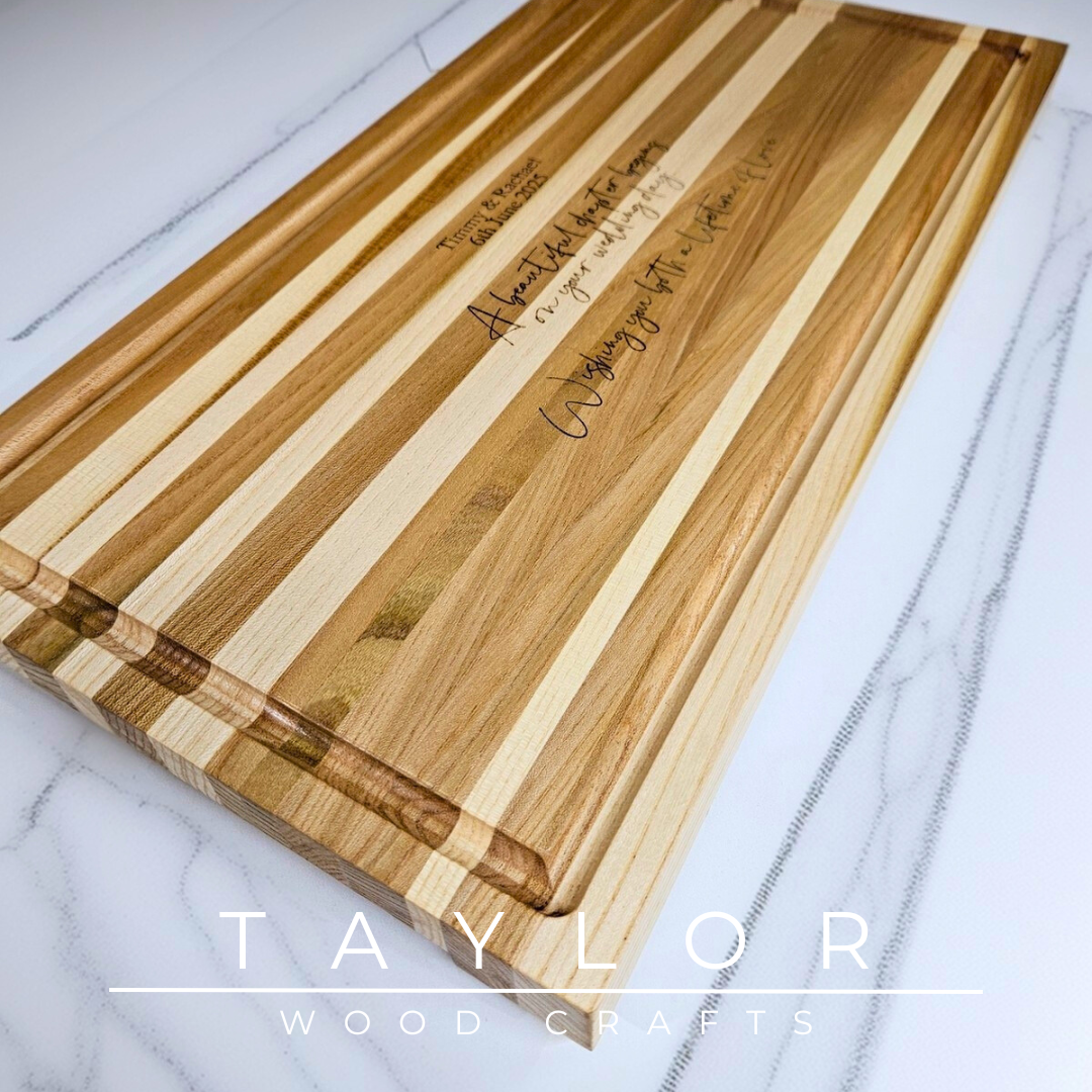 Chopping Board Taylor Wood Crafts – large elm board with juice groove & rubber feet, personalized laser‑engraved message