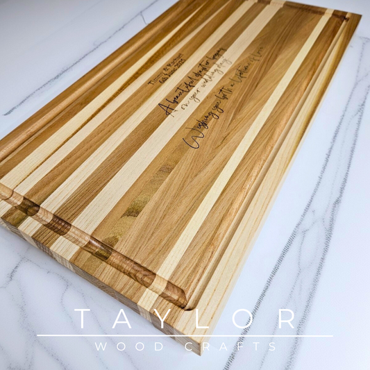 Chopping Board Taylor Wood Crafts – large elm board with juice groove & rubber feet, personalized laser‑engraved message