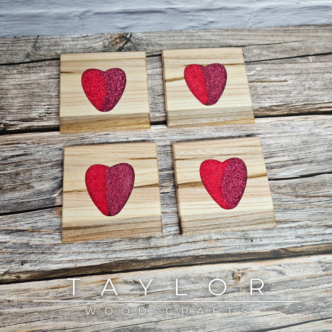 Taylor Wood Crafts. Handcrafted elm wood coasters with vibrant epoxy resin inserts, combining durability, style, and a pop of color to protect your surfaces.