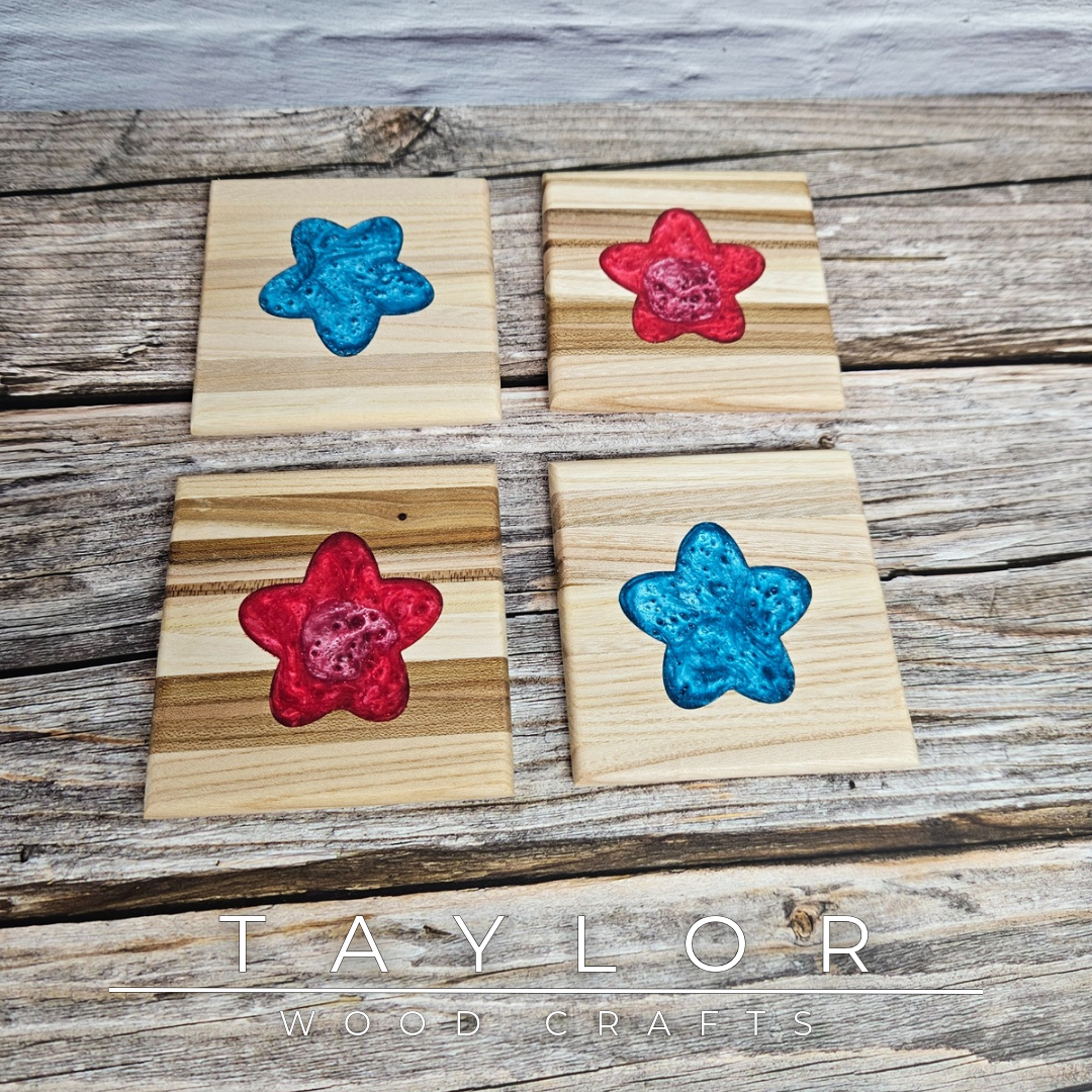 Taylor Wood Crafts. Handcrafted elm wood coasters with vibrant epoxy resin inserts, combining durability, style, and a pop of color to protect your surfaces.