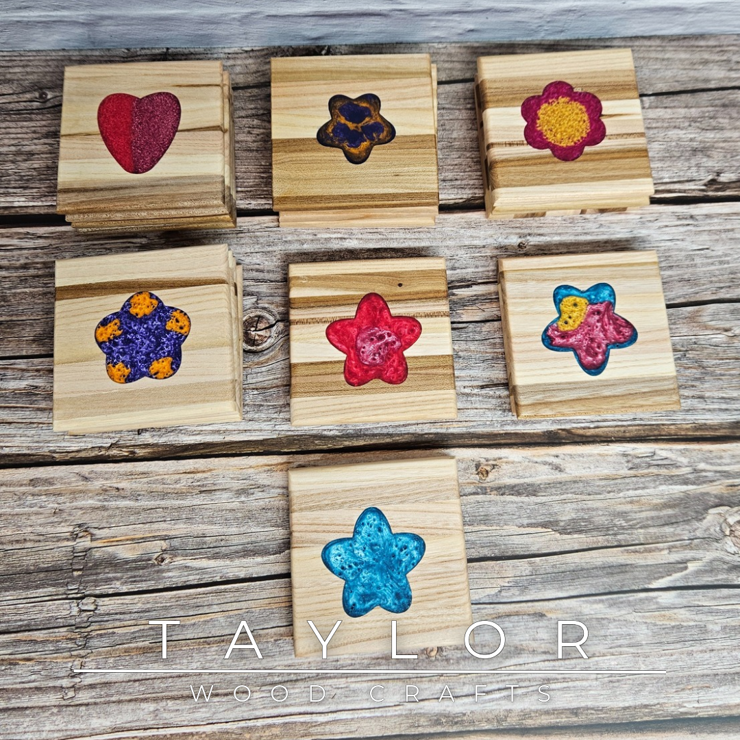 Taylor Wood Crafts. Handcrafted elm wood coasters with vibrant epoxy resin inserts, combining durability, style, and a pop of color to protect your surfaces.
