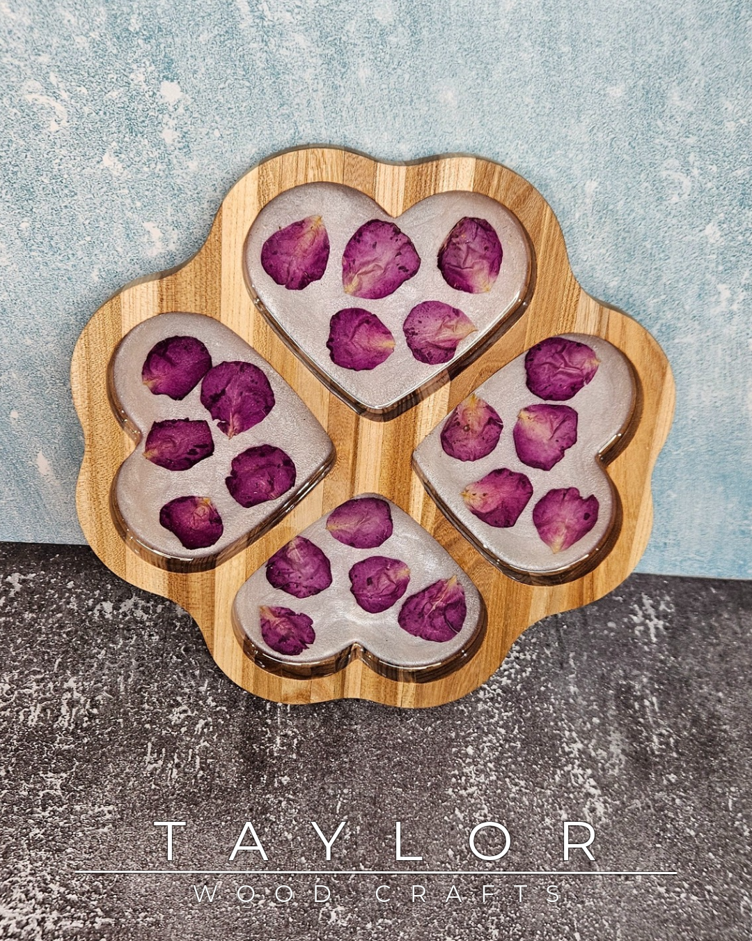 Elm Serving Platter Taylor Wood Crafts – floral rose petal epoxy inlay with 4 compartments, handmade wood serving board