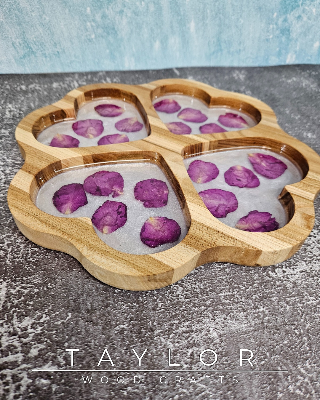 Elm Serving Platter Taylor Wood Crafts – floral rose petal epoxy inlay with 4 compartments, handmade wood serving board