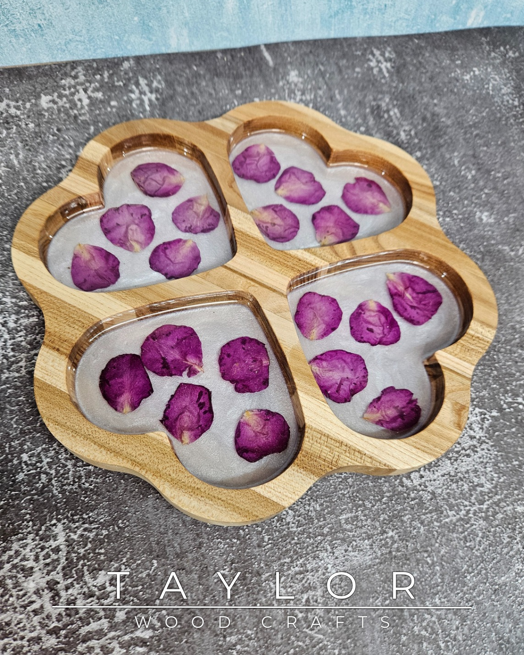 Elm Serving Platter Taylor Wood Crafts – floral rose petal epoxy inlay with 4 compartments, handmade wood serving board