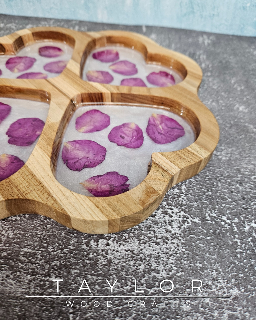 Elm Serving Platter Taylor Wood Crafts – floral rose petal epoxy inlay with 4 compartments, handmade wood serving board