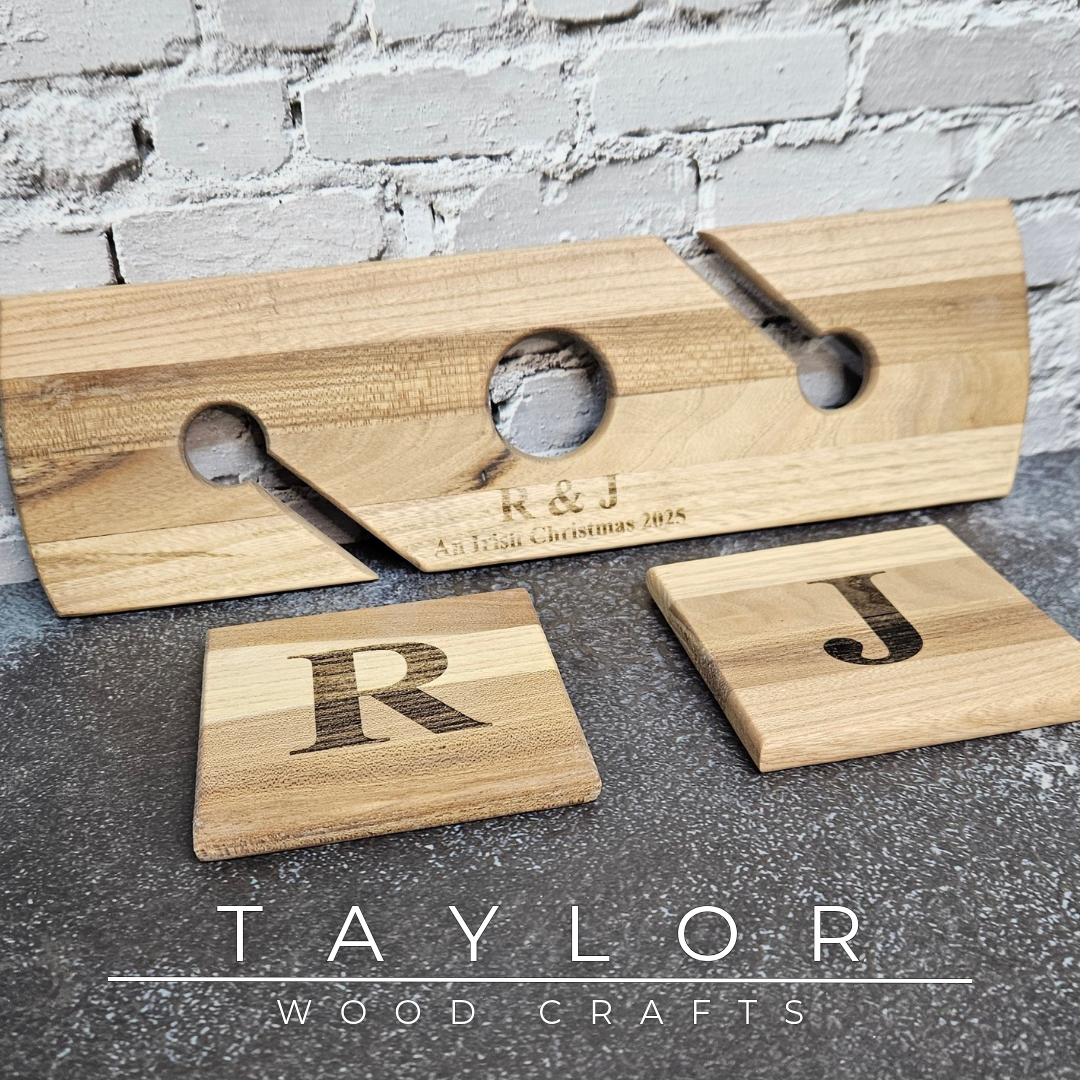 Taylor Wood Crafts, laser engraved wooden coasters, engraved wine caddy, personalized wood gifts, custom laser engraving, handmade wooden bar accessories, rustic home decor