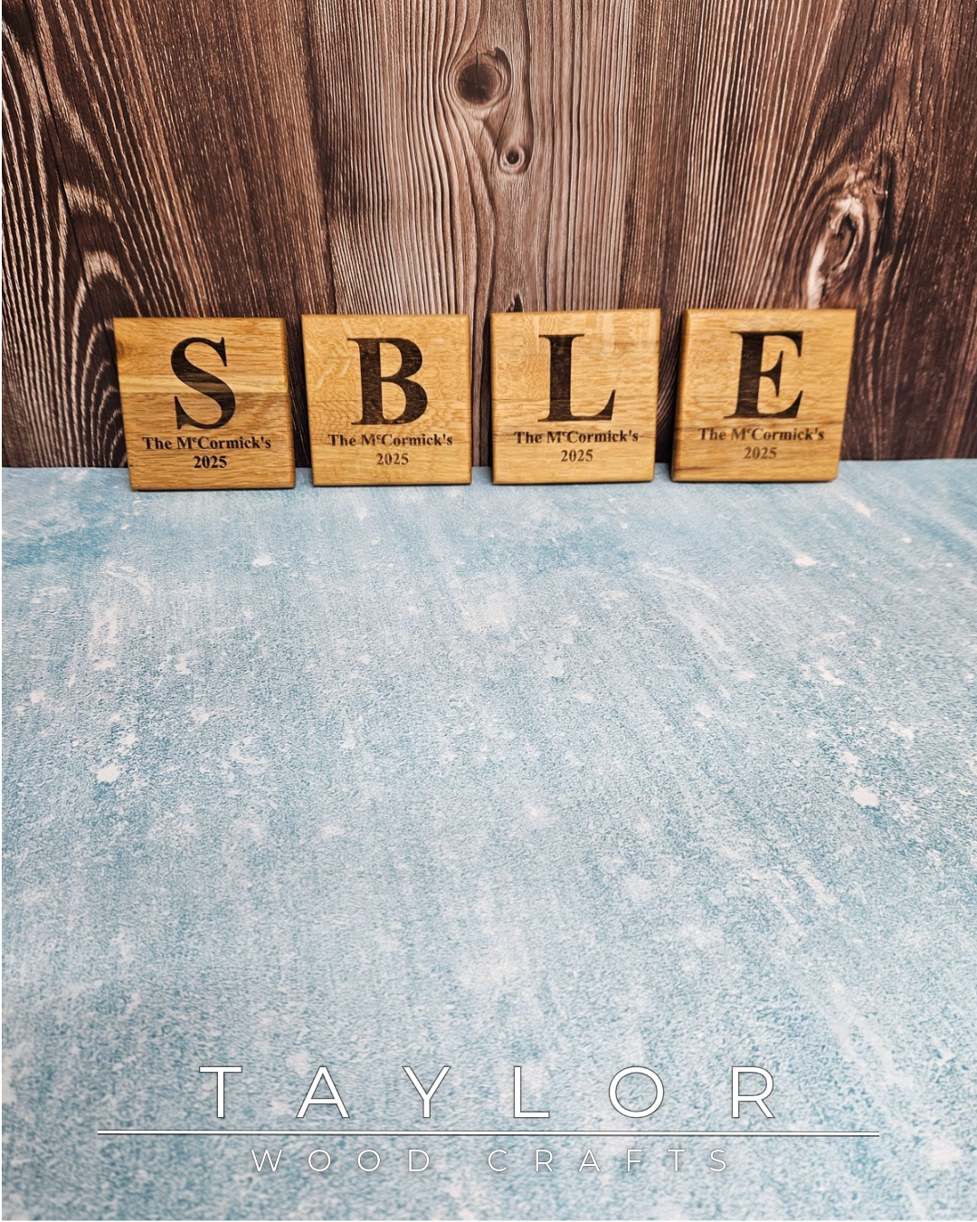 Taylor Wood Crafts, laser engraved wooden coasters, engraved wine caddy, personalized wood gifts, custom laser engraving, handmade wooden bar accessories, rustic home decor