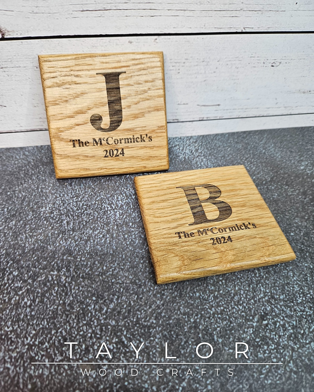 Taylor Wood Crafts, laser engraved wooden coasters, engraved wine caddy, personalized wood gifts, custom laser engraving, handmade wooden bar accessories, rustic home decor
