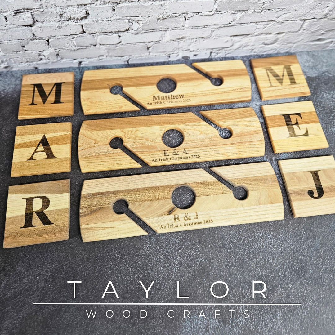 Taylor Wood Crafts, laser engraved wooden coasters, engraved wine caddy, personalized wood gifts, custom laser engraving, handmade wooden bar accessories, rustic home decor