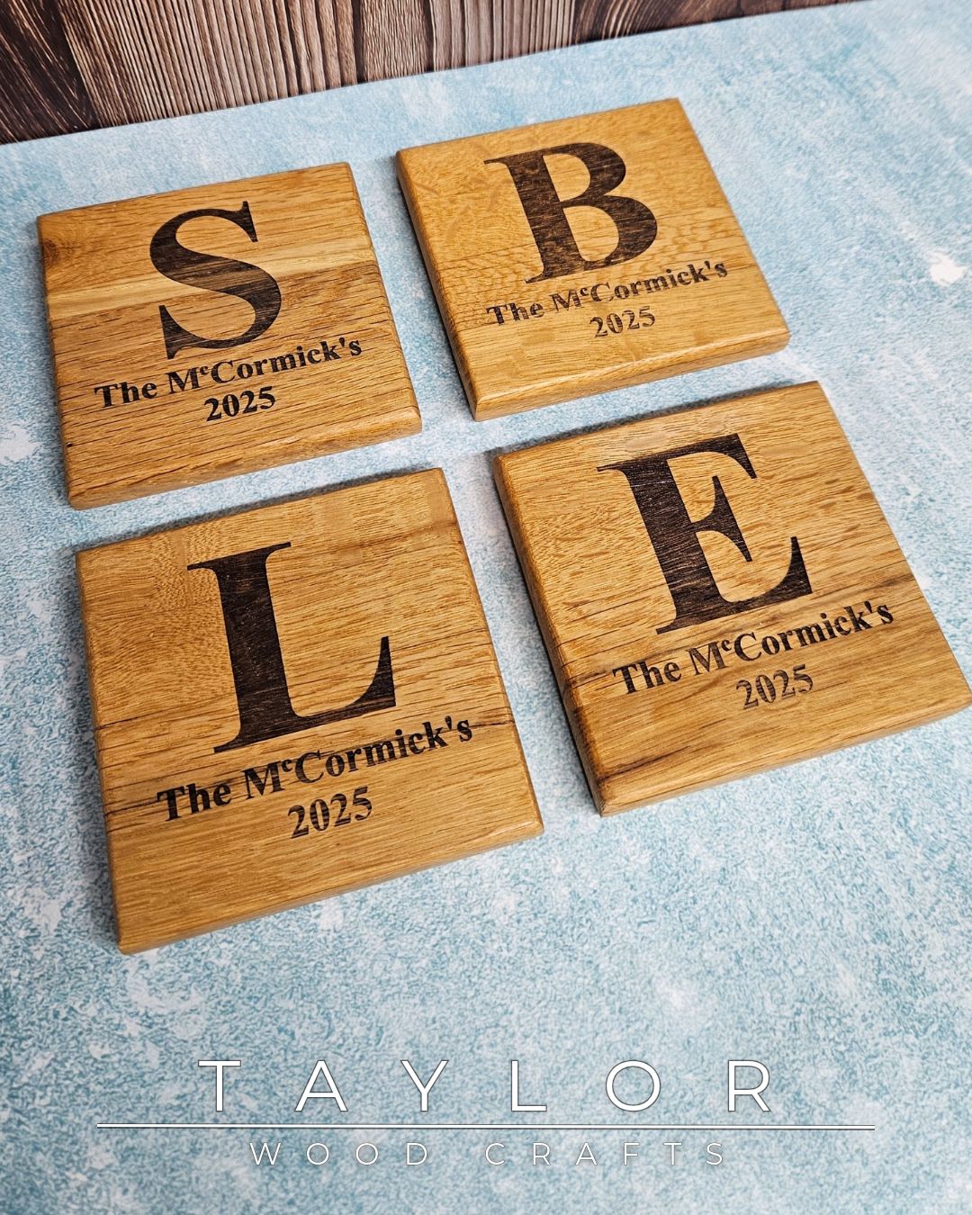 Taylor Wood Crafts, laser engraved wooden coasters, engraved wine caddy, personalized wood gifts, custom laser engraving, handmade wooden bar accessories, rustic home decor