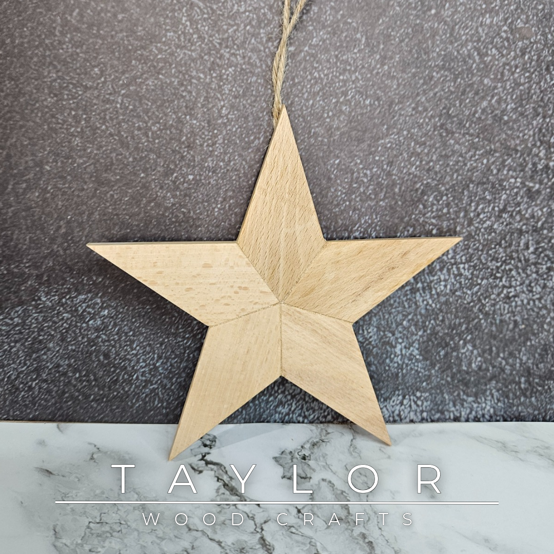 Handcrafted wooden Christmas stars by Taylor Wood Crafts, fully customisable with laser-engraved names or festive graphics.