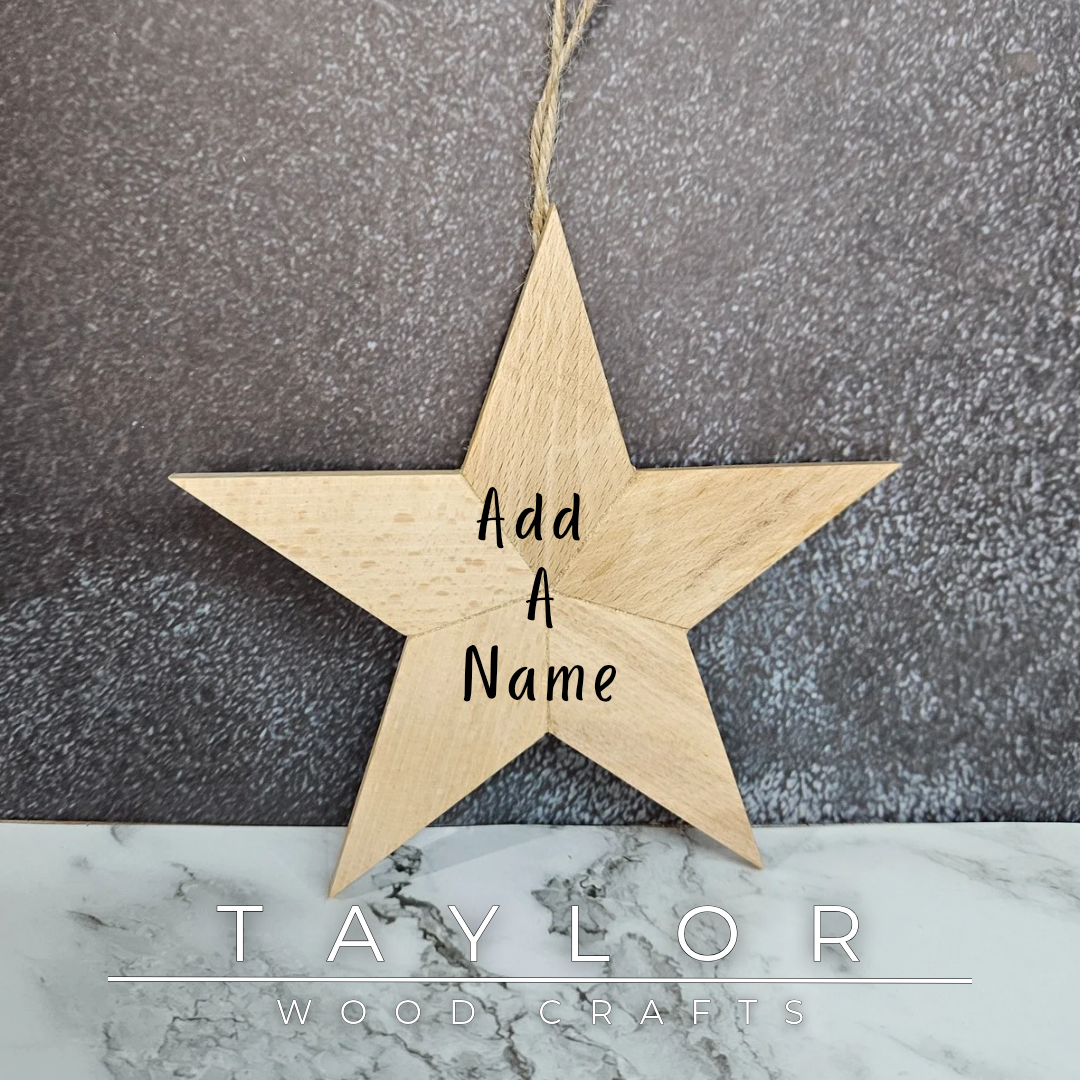 Handcrafted wooden Christmas stars by Taylor Wood Crafts, fully customisable with laser-engraved names or festive graphics.