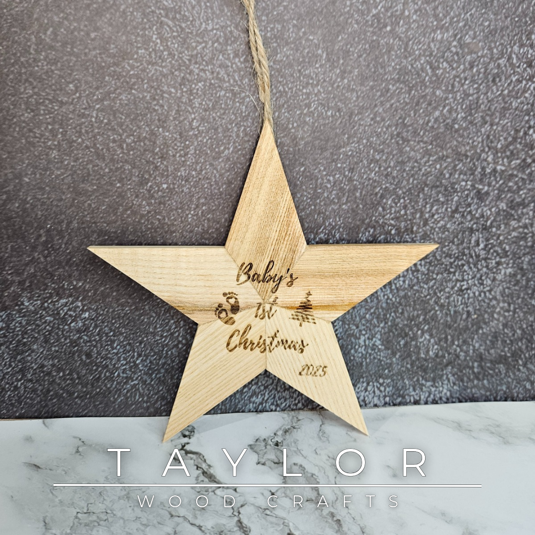 Handcrafted wooden Christmas stars by Taylor Wood Crafts, fully customisable with laser-engraved names or festive graphics.