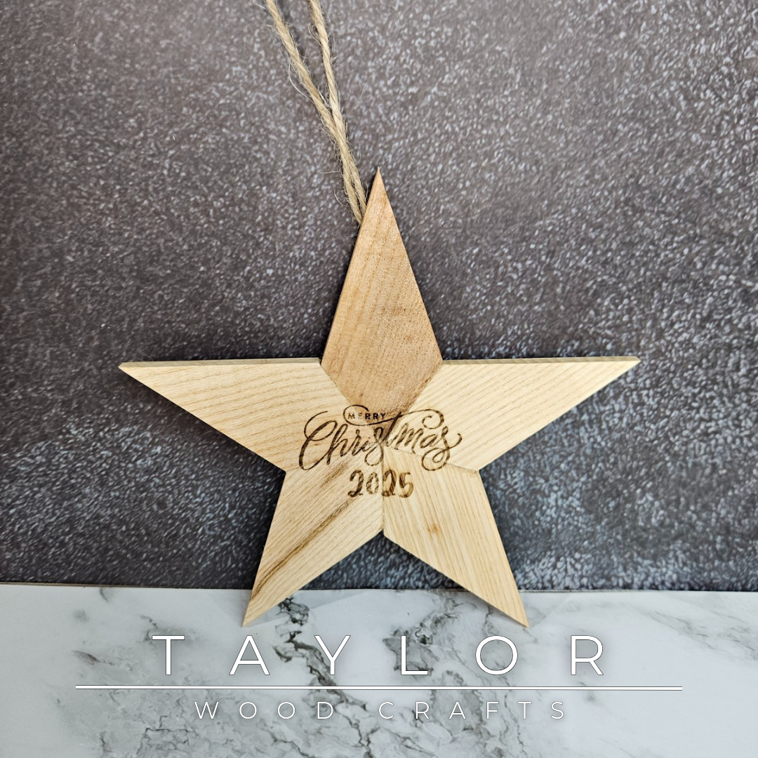 Handcrafted wooden Christmas stars by Taylor Wood Crafts, fully customisable with laser-engraved names or festive graphics.