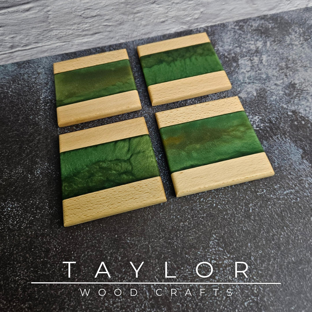 Handcrafted epoxy river coasters made from beech wood with green resin, handmade in Northern Ireland by Taylor Wood Crafts.