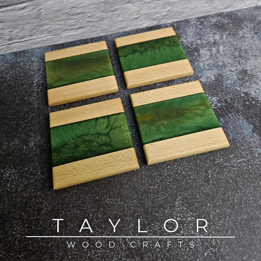 Handcrafted epoxy river coasters made from beech wood with green resin, handmade in Northern Ireland by Taylor Wood Crafts.