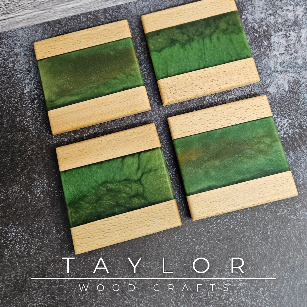 Handcrafted epoxy river coasters made from beech wood with green resin, handmade in Northern Ireland by Taylor Wood Crafts.