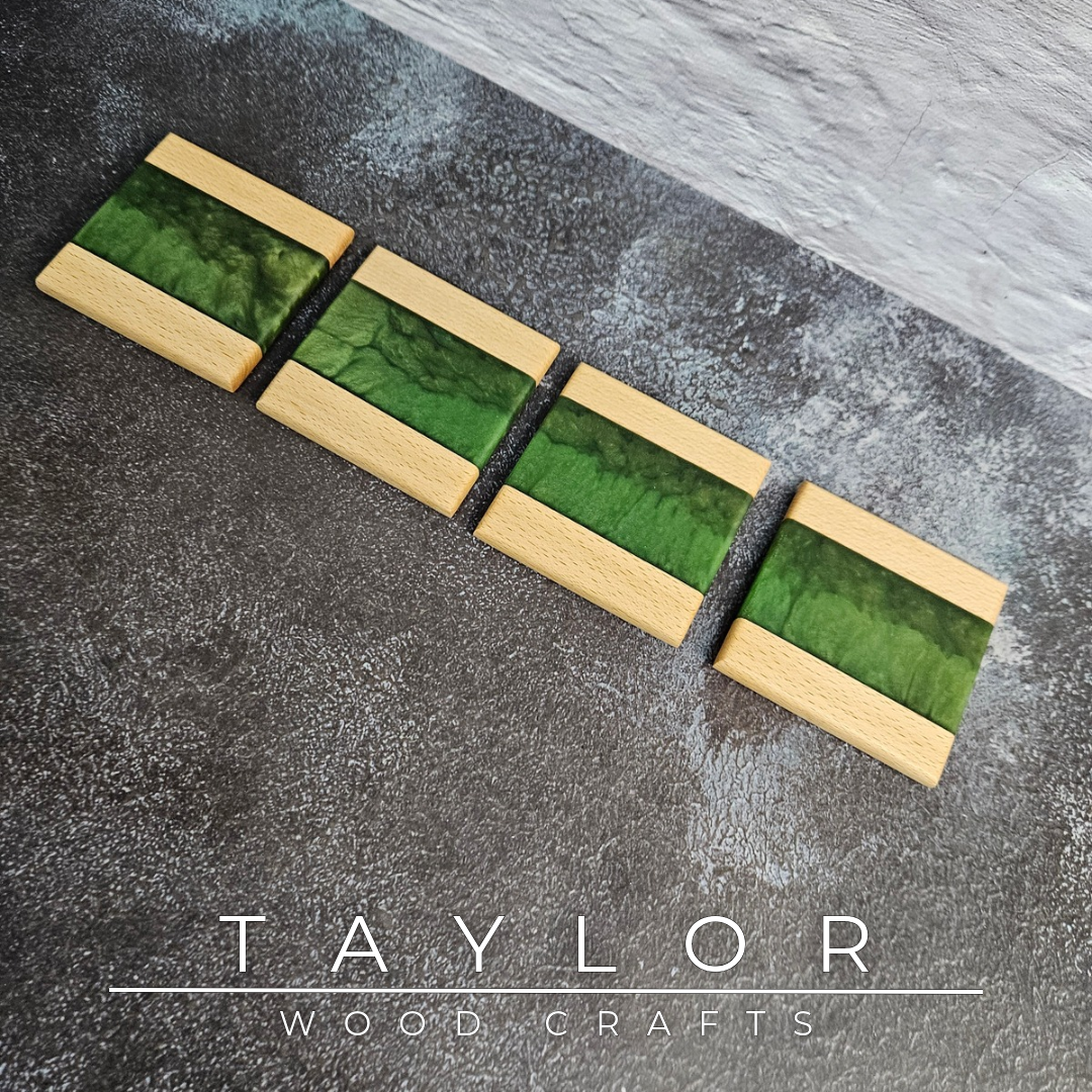 Handcrafted epoxy river coasters made from beech wood with green resin, handmade in Northern Ireland by Taylor Wood Crafts.
