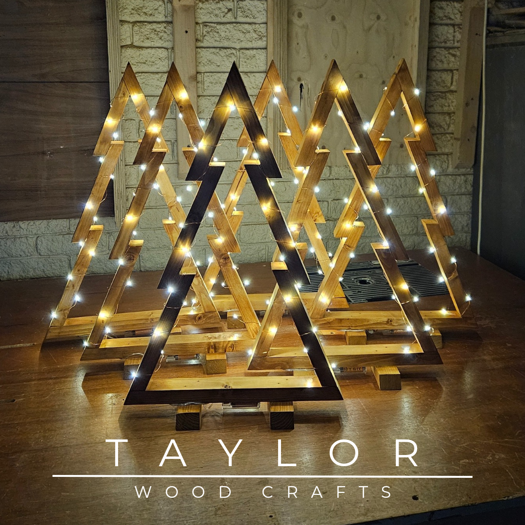 Handcrafted Christmas tree LED lights display stand with Jacobean or dark oak stain, offering a stylish and elegant way to showcase your holiday lights.