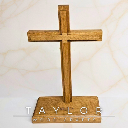 Crucifix Taylor Wood Craft handcrafted oak cross with personalized laser engraving, bespoke made-to-order keepsake