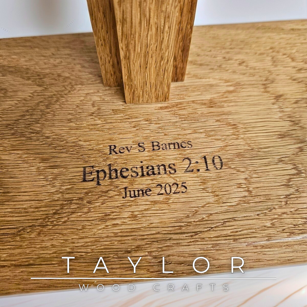 Crucifix Taylor Wood Craft handcrafted oak cross with personalized laser engraving, bespoke made-to-order keepsake