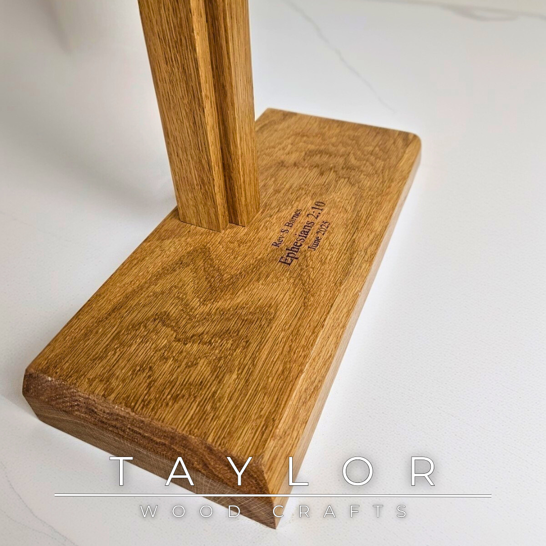 Crucifix Taylor Wood Craft handcrafted oak cross with personalized laser engraving, bespoke made-to-order keepsake
