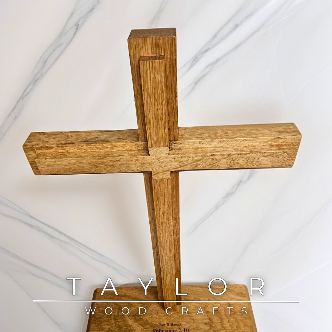 Crucifix Taylor Wood Craft handcrafted oak cross with personalized laser engraving, bespoke made-to-order keepsake