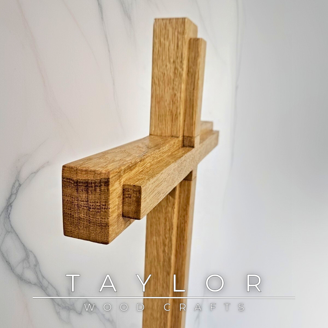 Crucifix Taylor Wood Craft handcrafted oak cross with personalized laser engraving, bespoke made-to-order keepsake