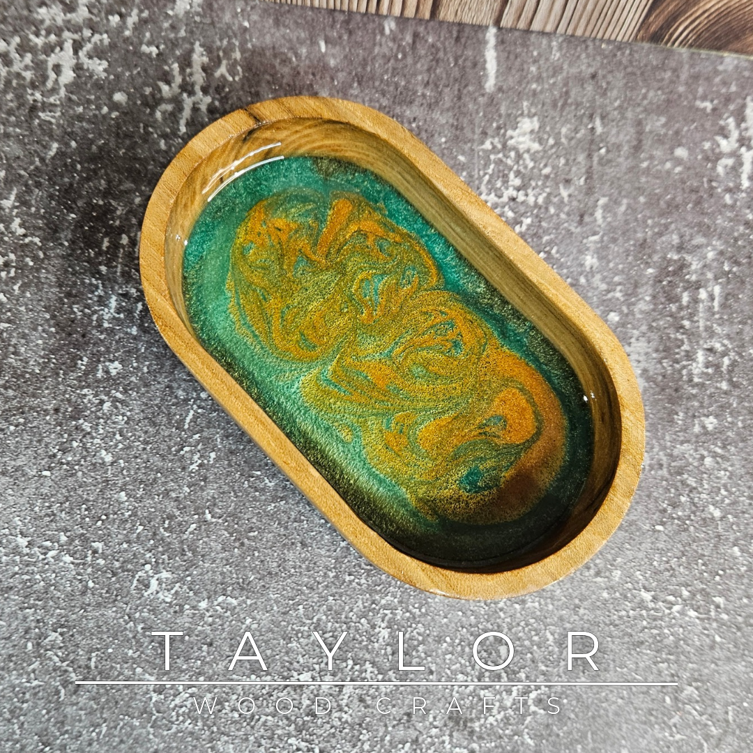 Handmade hardwood resin dish crafted from premium timber with a coloured epoxy resin base, made in Northern Ireland by Taylor Wood Crafts.