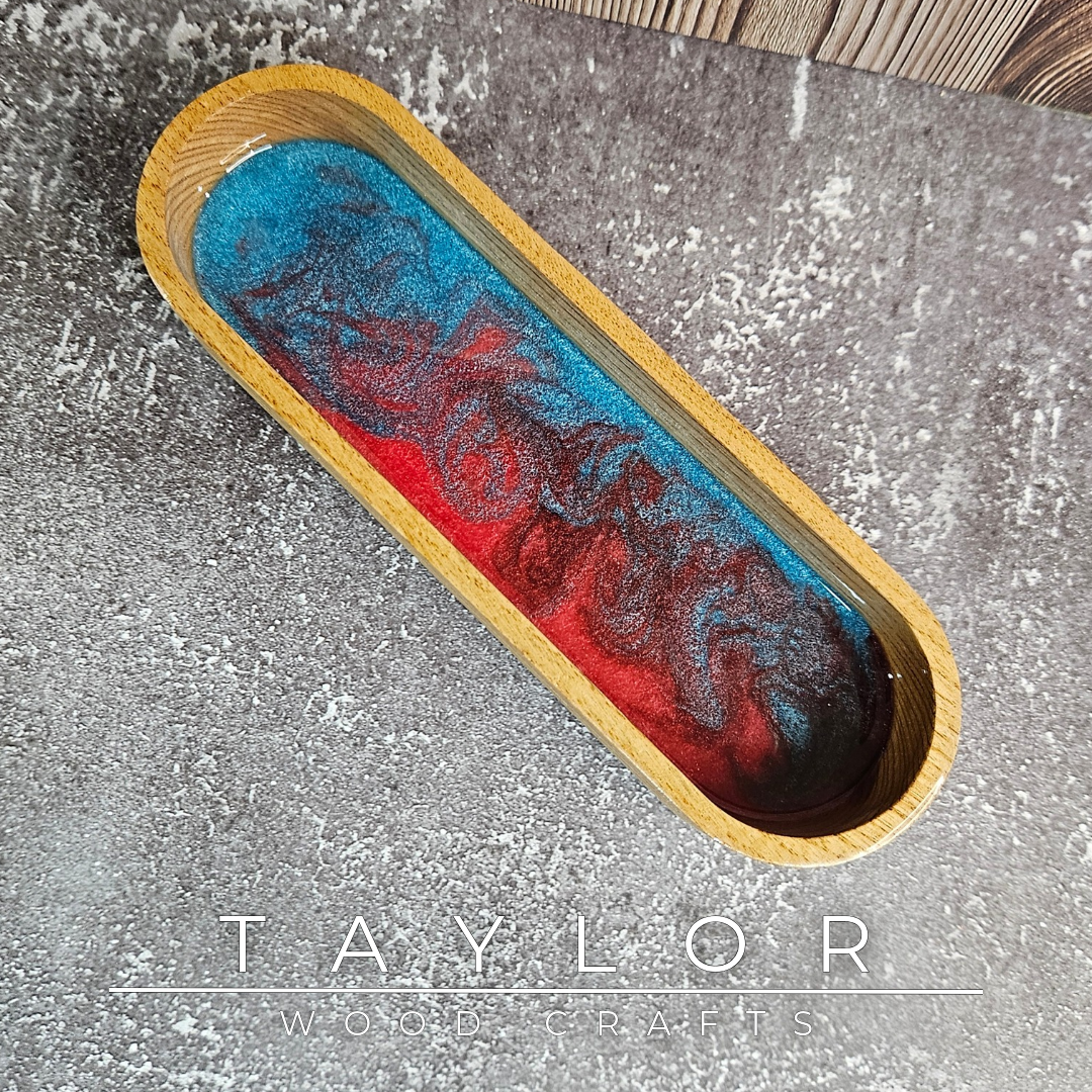 Handmade hardwood resin dish crafted from premium timber with a coloured epoxy resin base, made in Northern Ireland by Taylor Wood Crafts.
