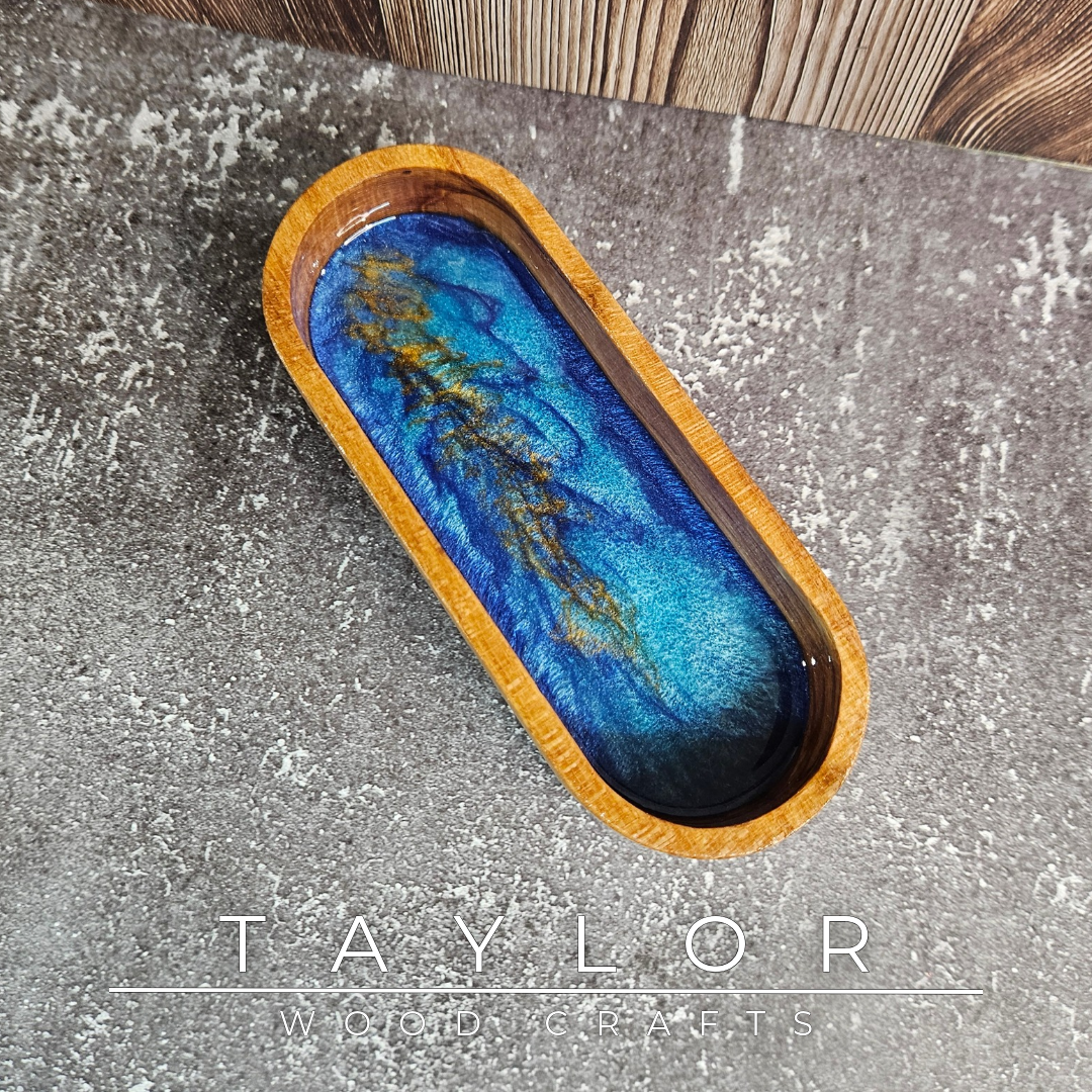 Handmade hardwood resin dish crafted from premium timber with a coloured epoxy resin base, made in Northern Ireland by Taylor Wood Crafts.