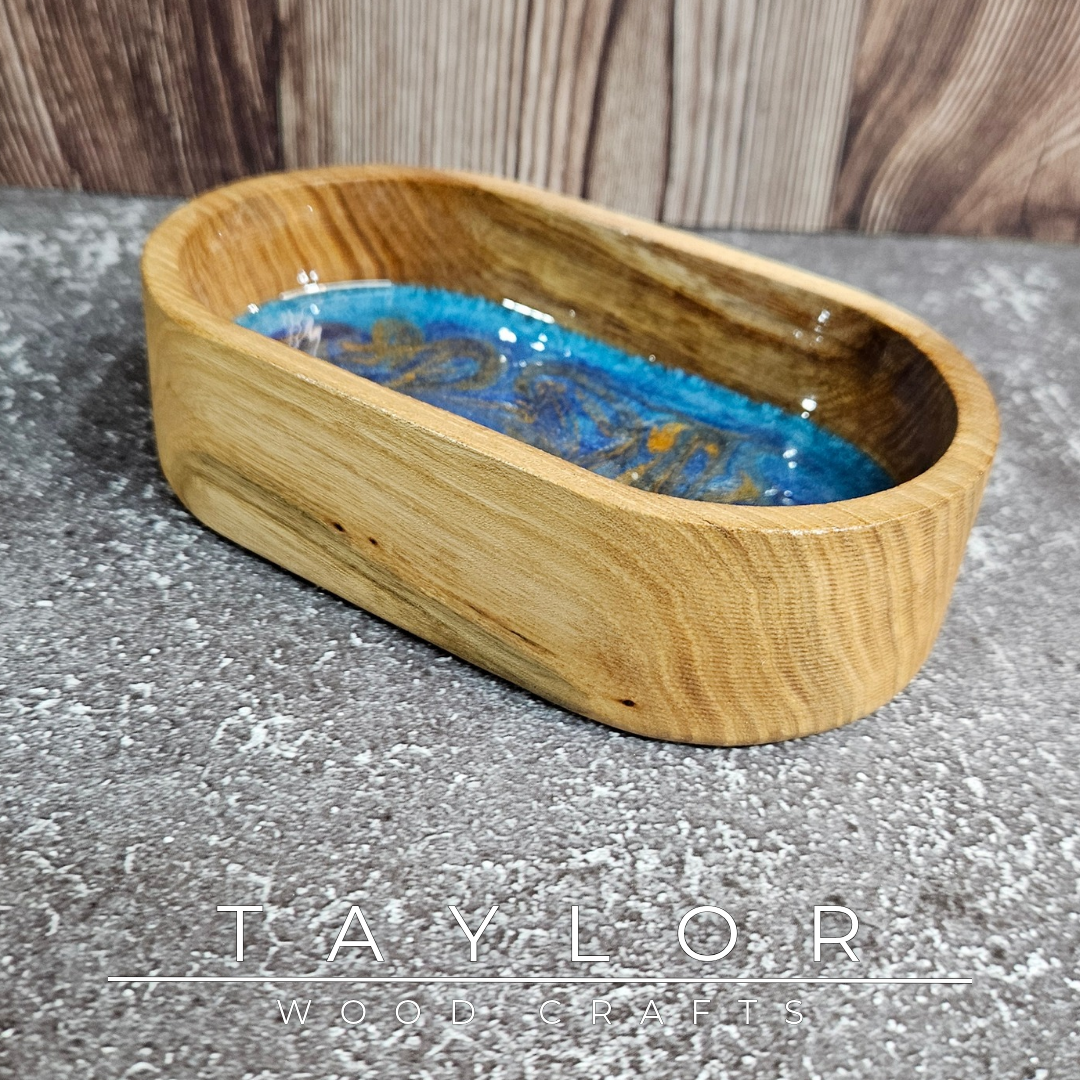 Handmade hardwood resin dish crafted from premium timber with a coloured epoxy resin base, made in Northern Ireland by Taylor Wood Crafts.